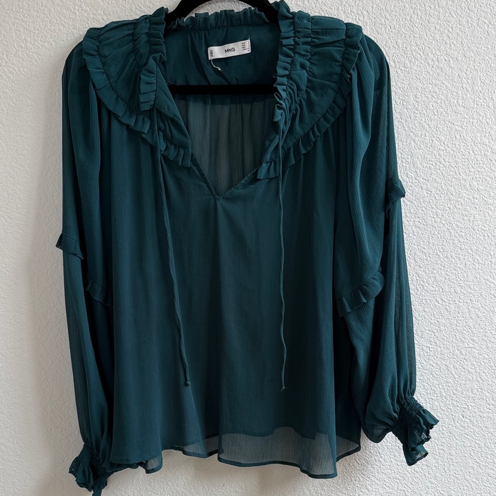 Mango Teal Ruffle Blouse